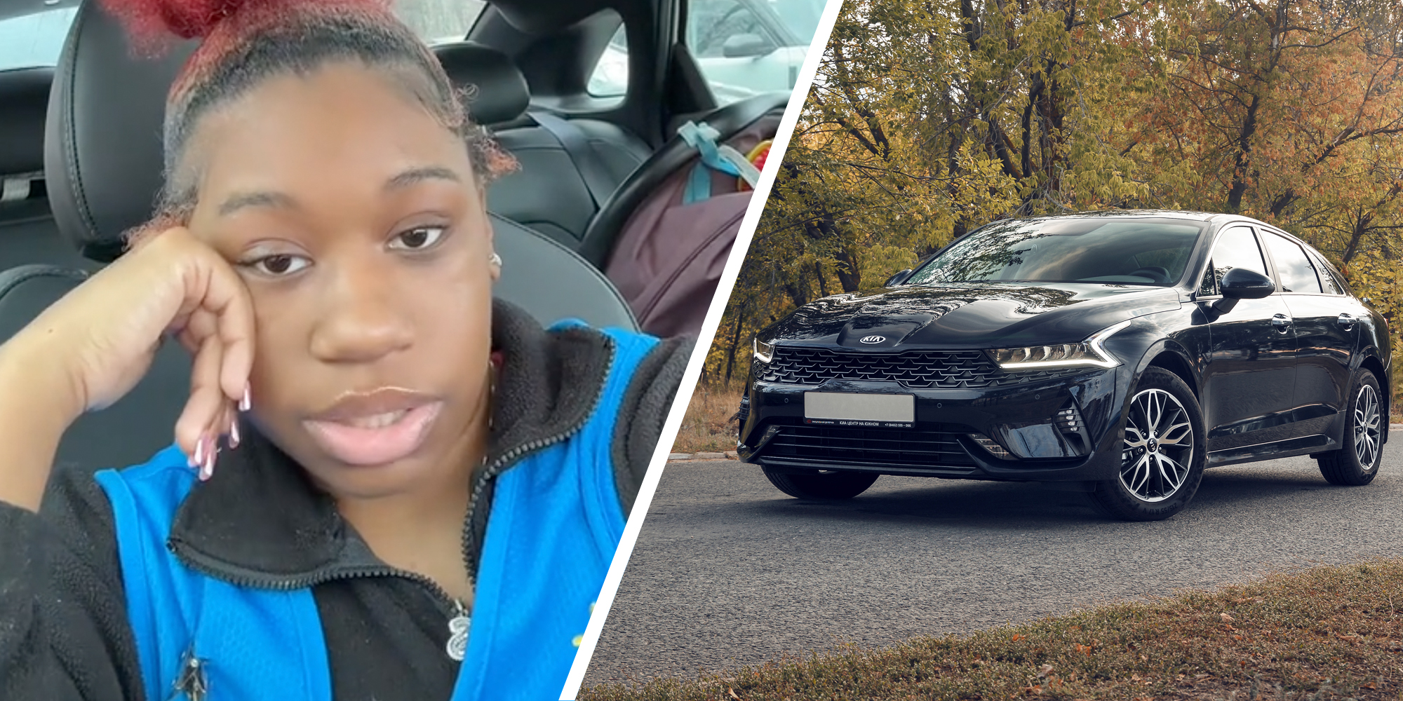 Woman talking(l), Kia K5(r)