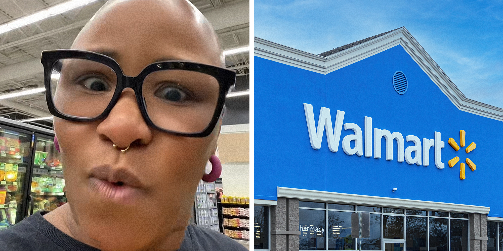 Split Image. Person explaining situation that happened to someone while shopping at Walmart using "Scan and Go" feature on the left. Logo of Walmart on store building on the right.