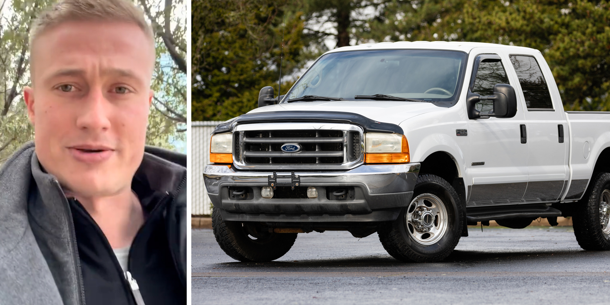 Man talking(l), White pick up thruck(r)