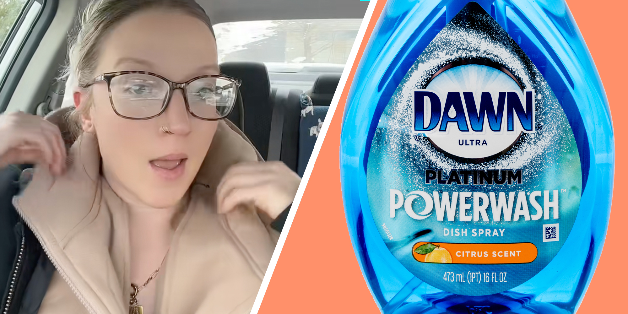 Woman talking(l), Dawn Powerwash soap(r)