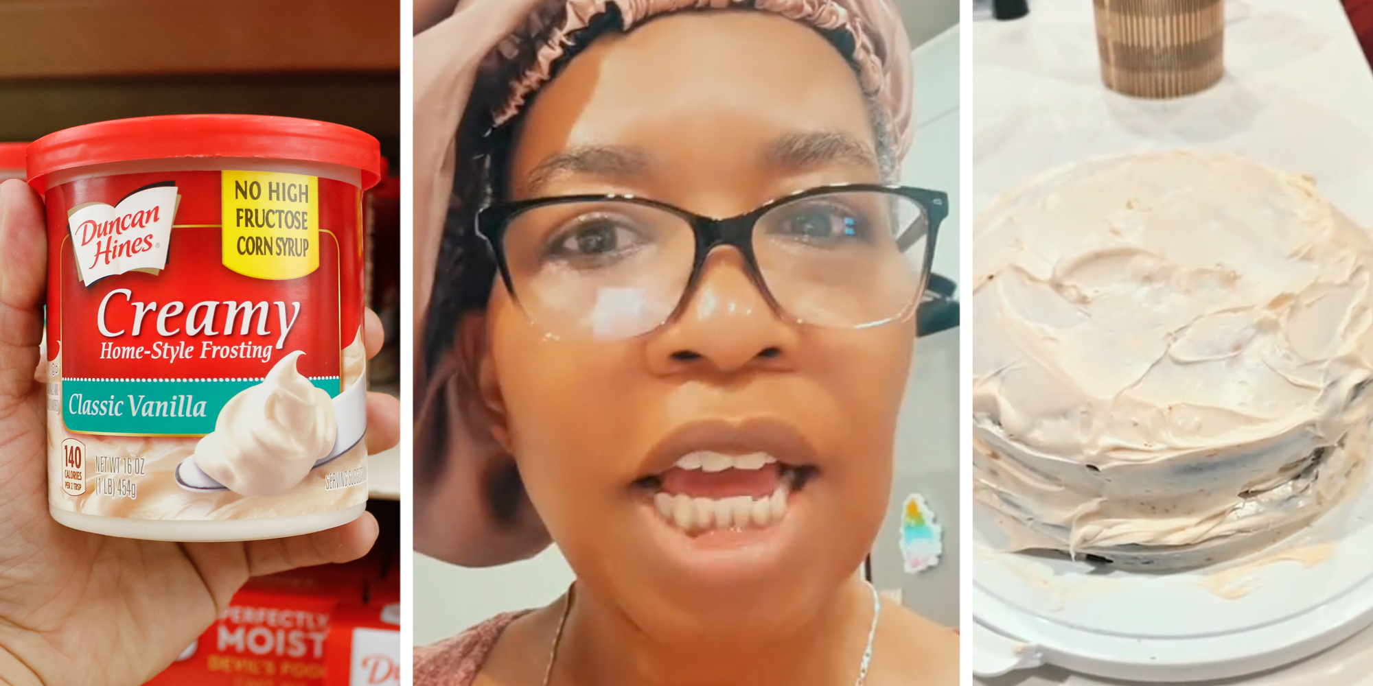 Creamy frosting duncan hines(l), Woman talking(c), Cake with frosting(r)