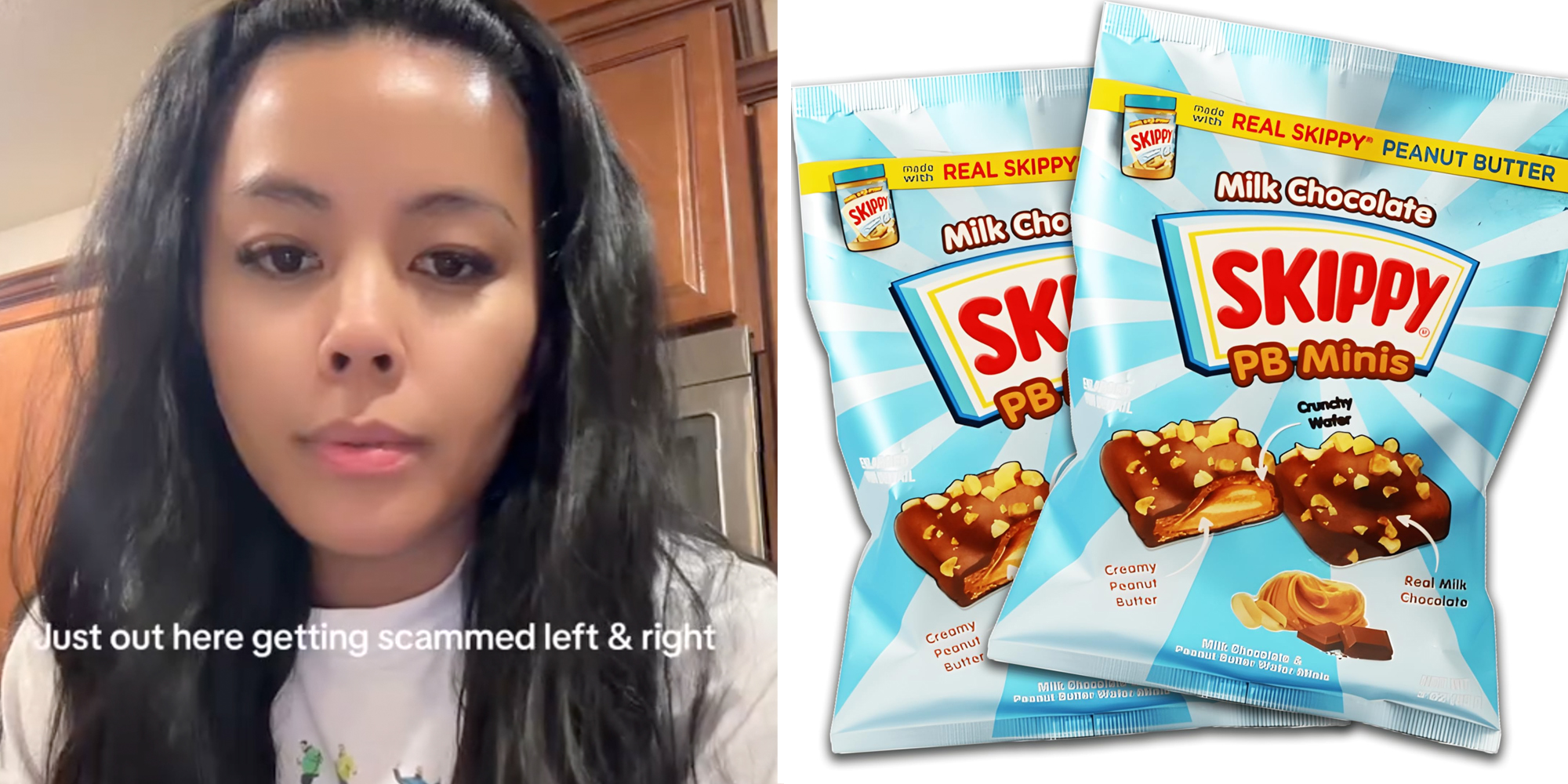Woman talking with text "just out here getting scammed left & right"(l), Skippy PB Mini bags(r)