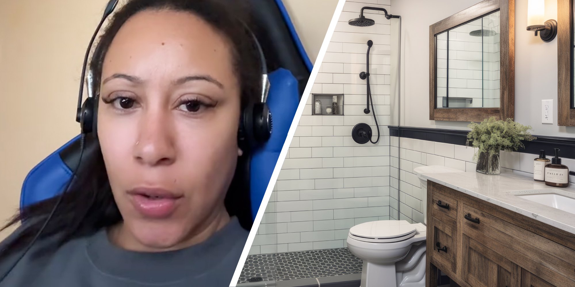 Woman talking(l), Bathroom(r)