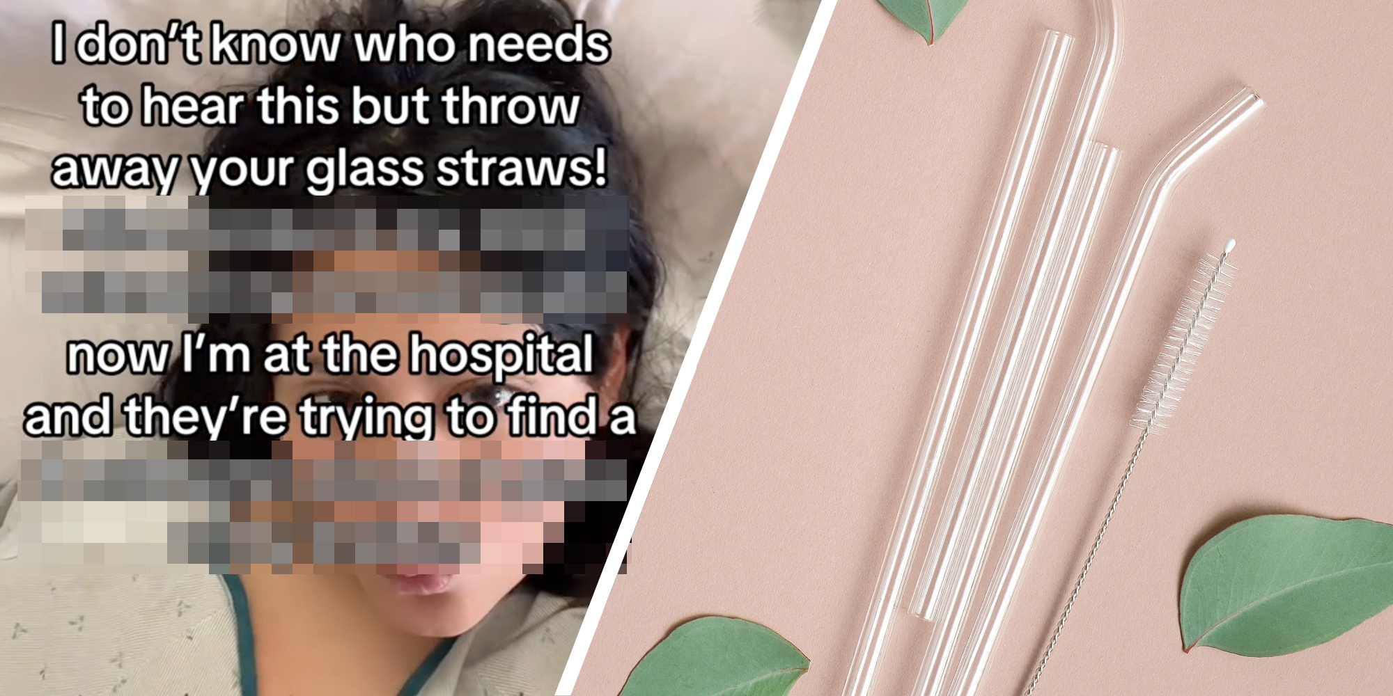 Woman with blurred text over her face(l), Glass straws(r)