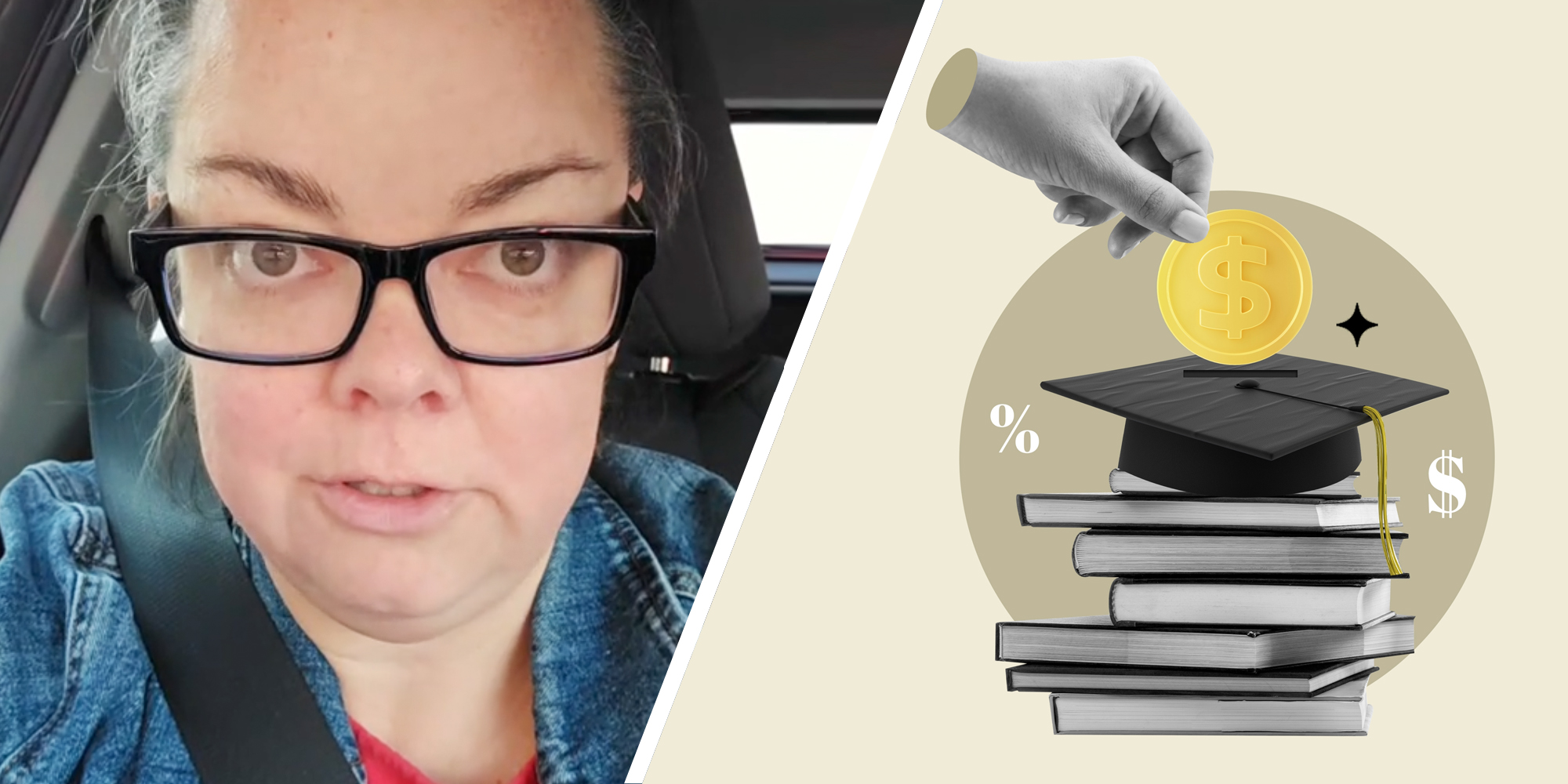 Woman talking(l), Hand putting coin into graduate cap on top of stack of books(r)