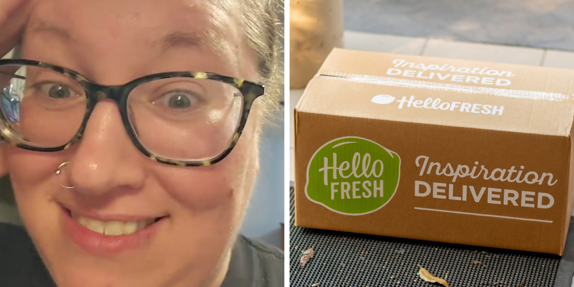 Woman talking(l), Hello Fresh box(r)
