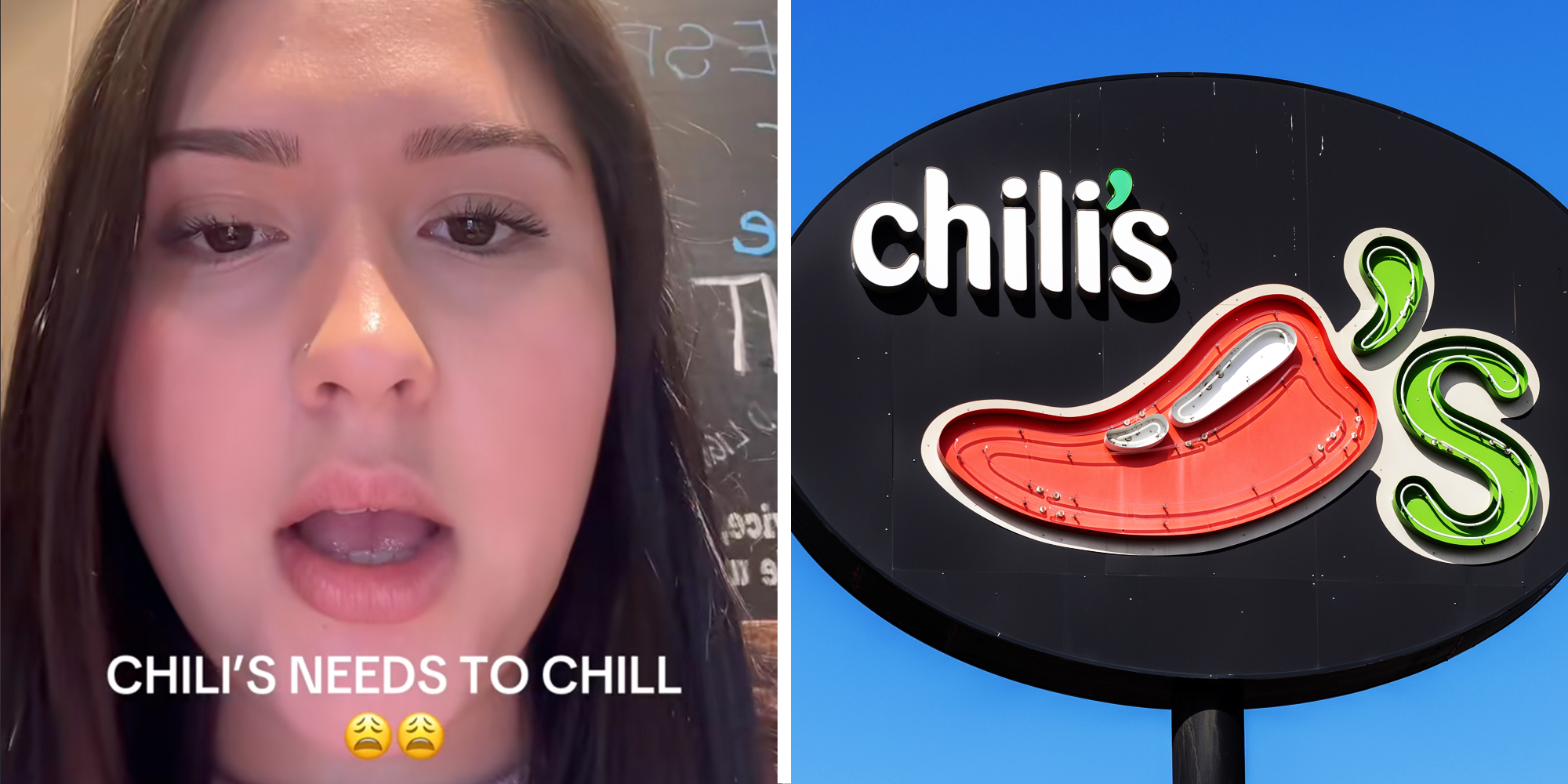 Woman talking with text "chili's needs to chill"(l), Chili's sign(r)
