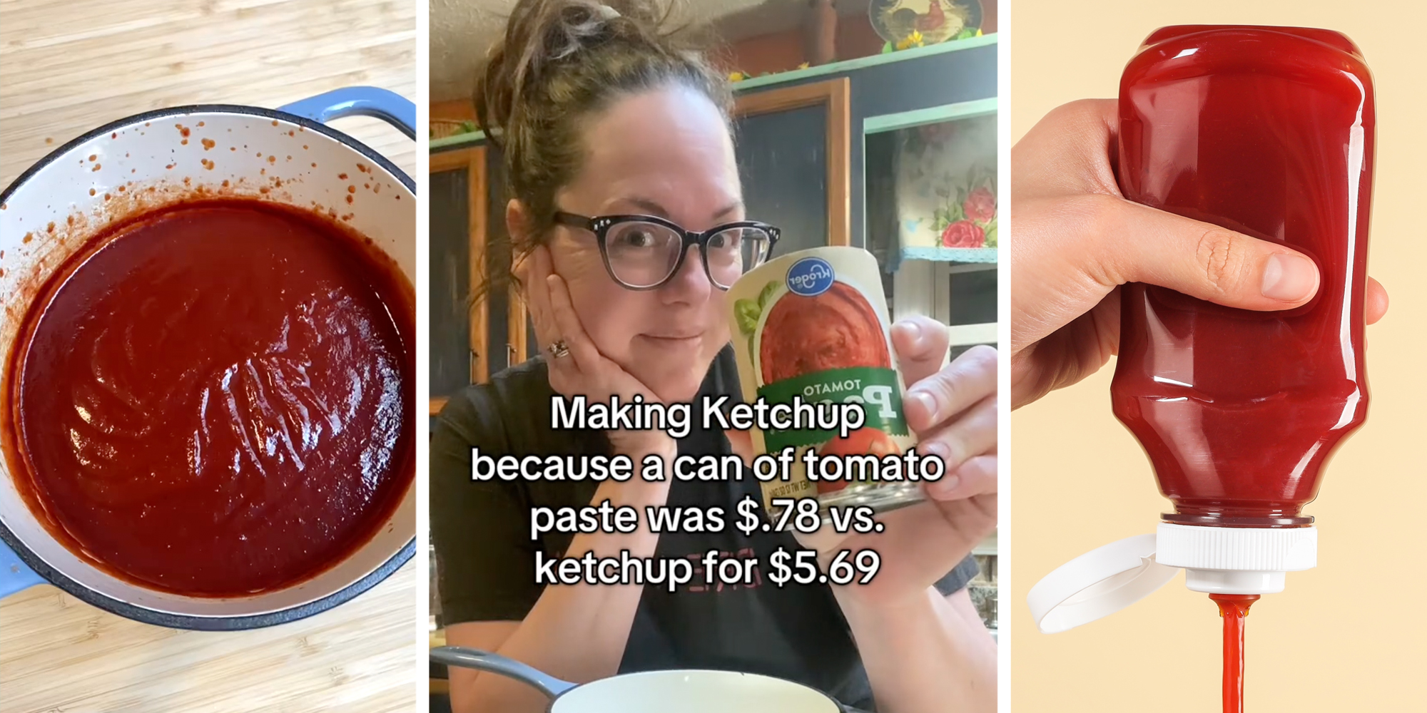 Bowl of Ketchup(l), Woman holding can of tomato paste with text "making ketchup because a can of tomato paste was $.78 vs. ketchup for $5.69(c), Hand squeezing bottle of ketchup(r)