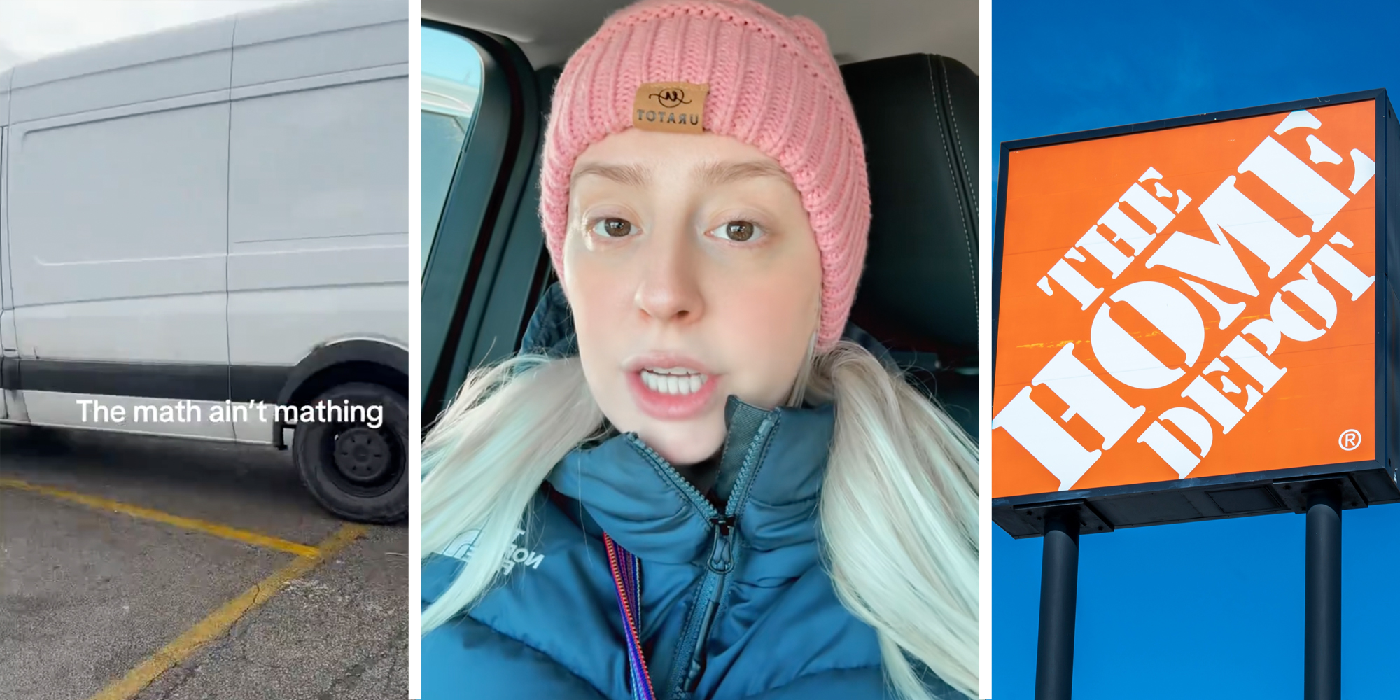 Truck with text "the math ain't mathing"(l), Woman talking(c), The Home Depot sign(r)