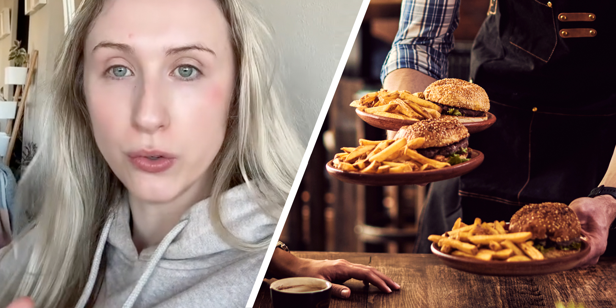 Woman talking(l), Waiter bringing food(r)