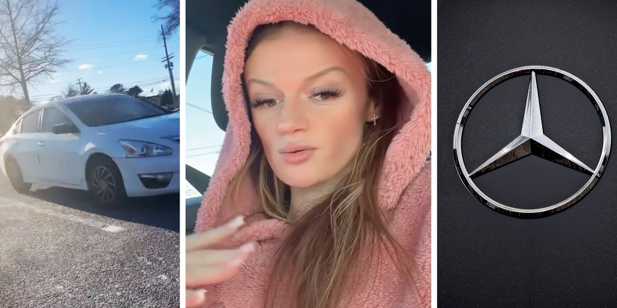 Car in parking lot(l), Woman talking(c), Mercedes Benz logo(r)