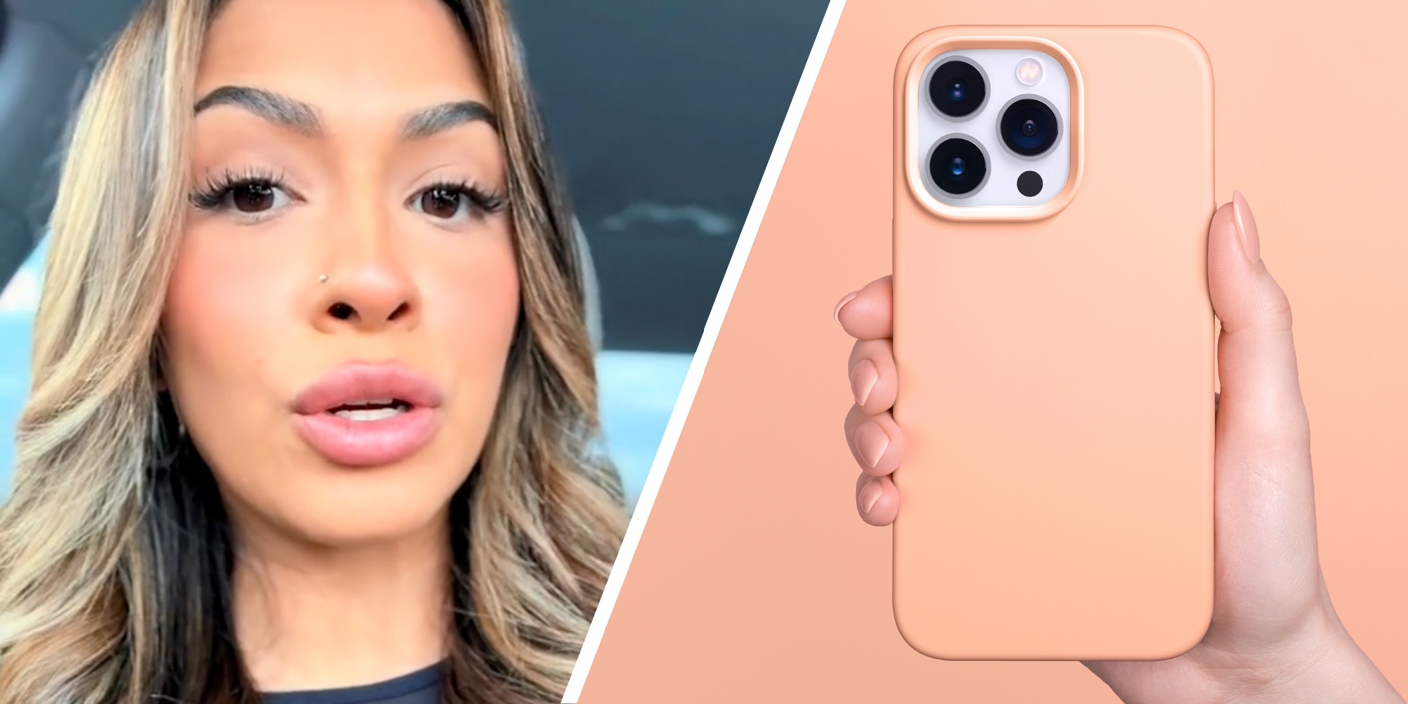 Woman talking(l), Hand holding iphone(r)