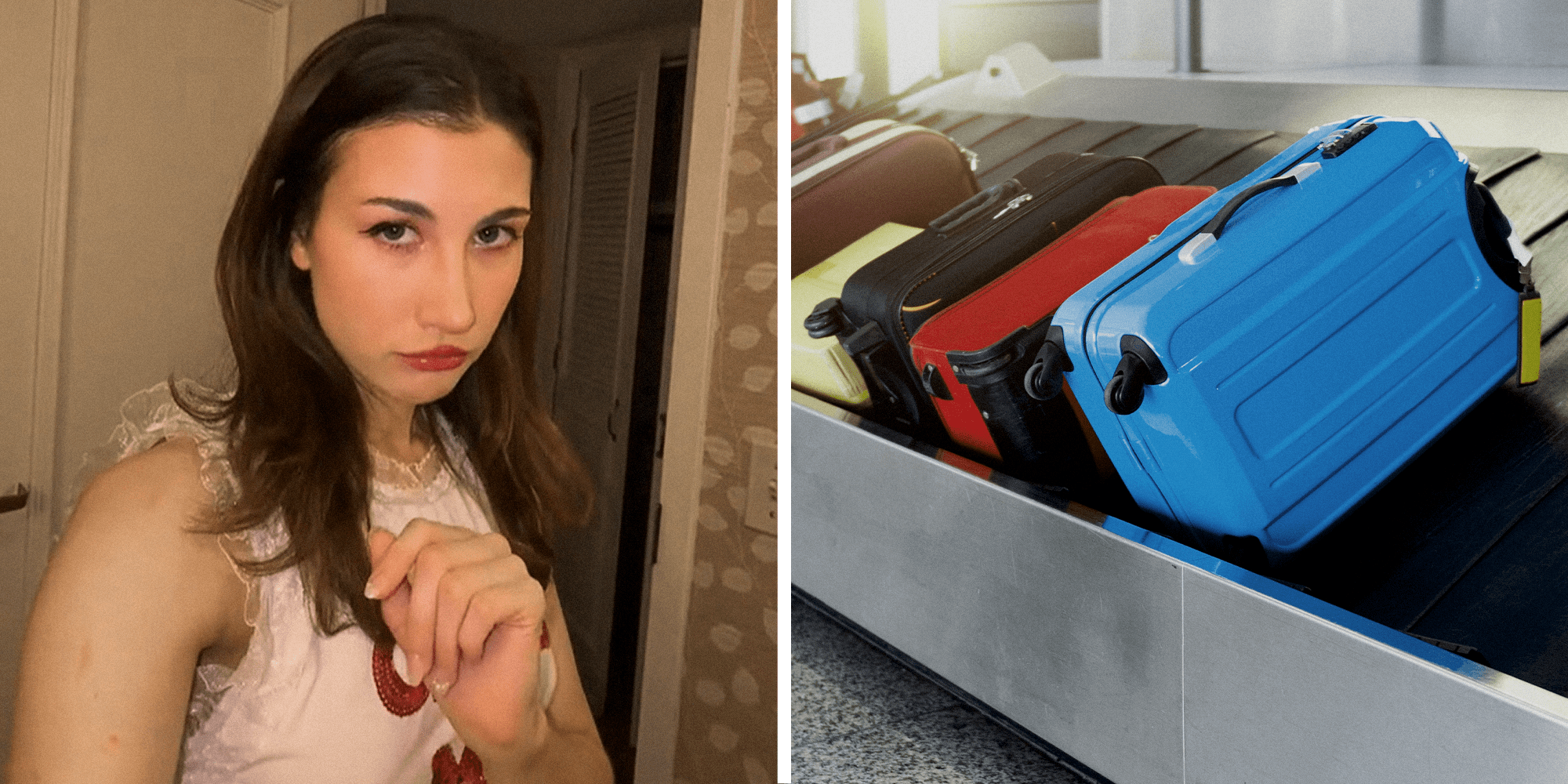 Split image; woman looking upset looking directly into camera on the left, luggage at baggage claim on the right.