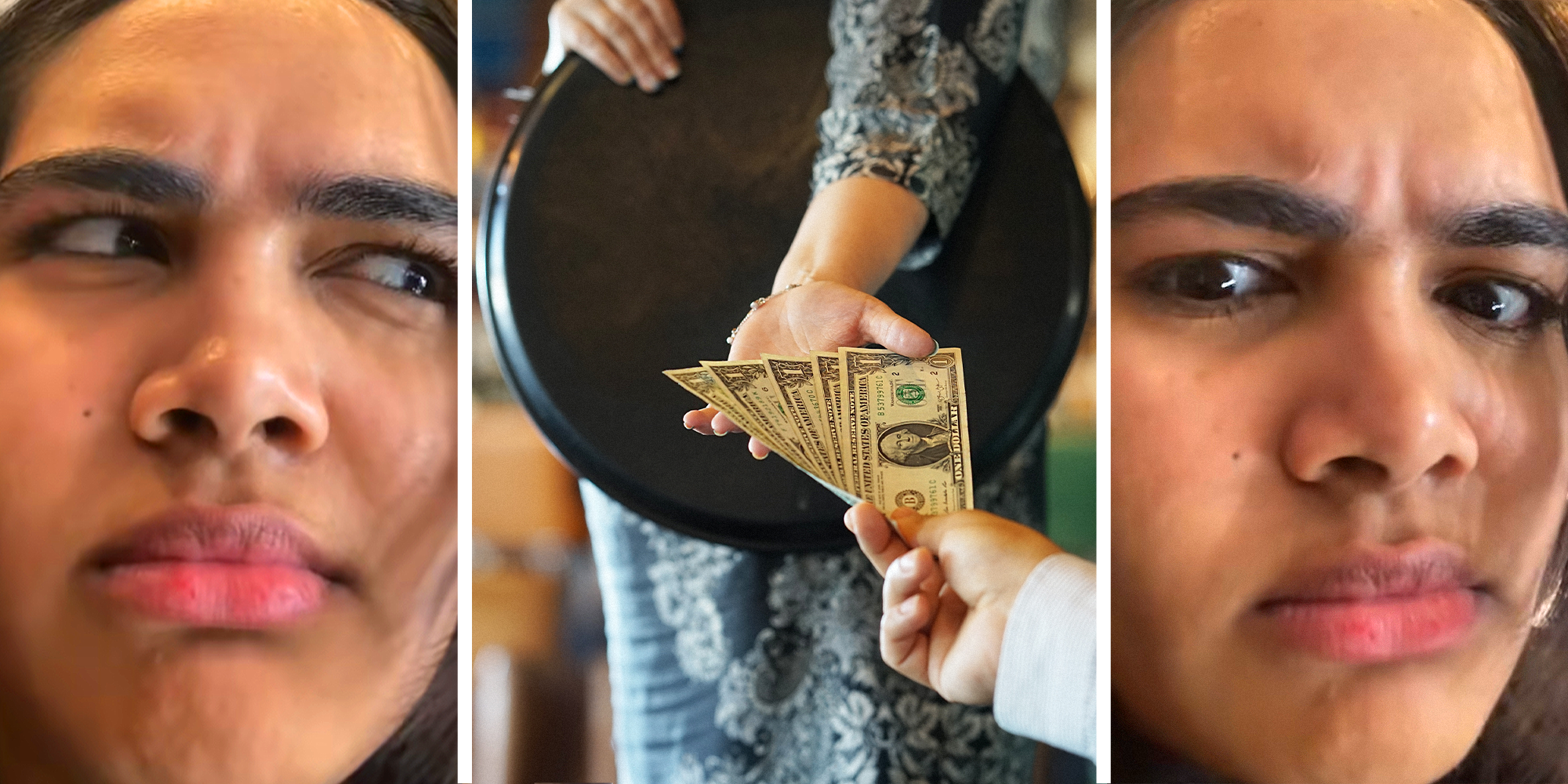 Split image. Woman reacting to restaurant policy on left and right. Waitress being tipped in center.