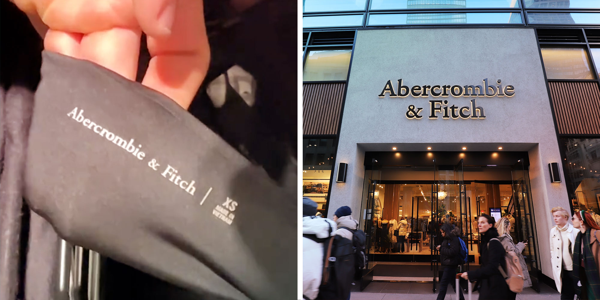 Screenshot from @notjulesm's Tiktok of a hand holding a shirt with an Abercrombie & Fitch label; Photo of an Abercrombie & FItch store exterior.