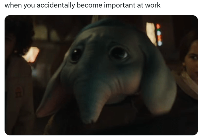"accidentally became important at work n its ruining my life" meme with a still of an animated elephant.