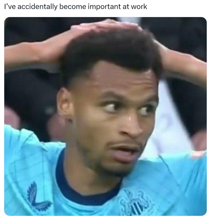 "accidentally became important at work n its ruining my life" meme with a photo of a soccer player, his hands on his head.