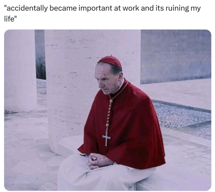 "accidentally became important at work n its ruining my life" meme with a photo of a cardinal character from a TV show with blood on his face.