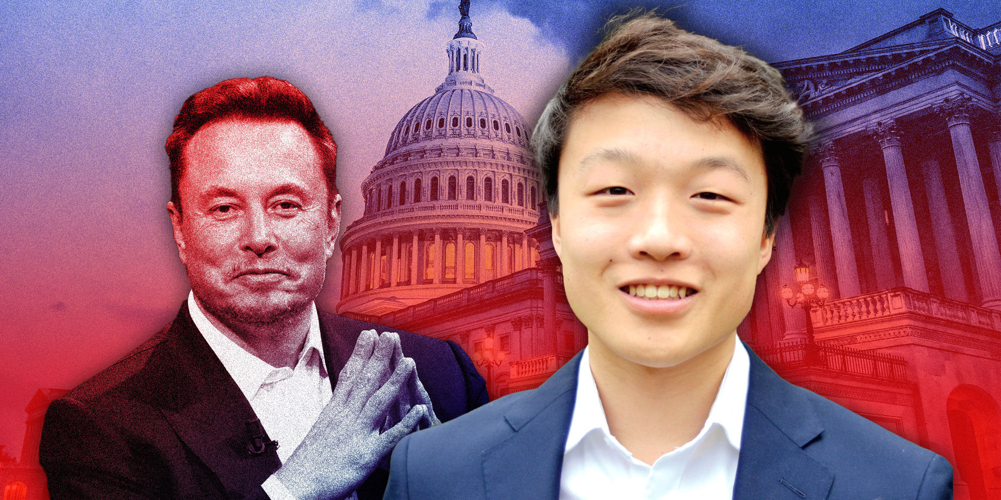 Photo of Ethan Shaotran over a photo of Elon Musk and The Capitol Building.