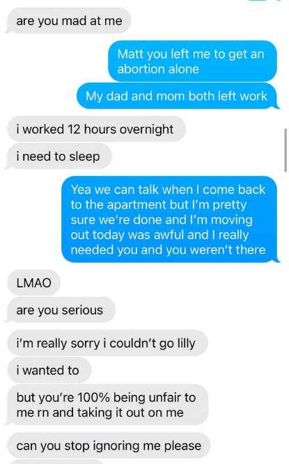 Text messages between a woman and her boyfriend about an abortion appointment.