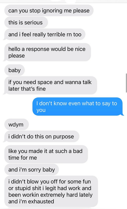 Text messages between a woman and her boyfriend about an abortion appointment.