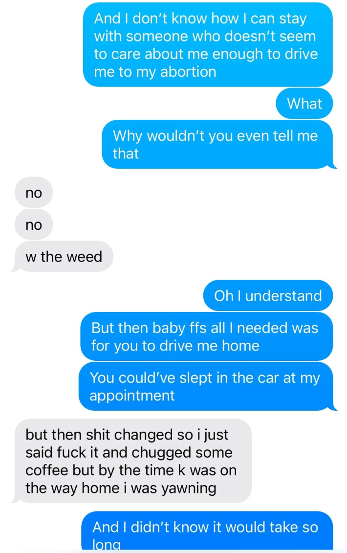 Text messages between a woman and her boyfriend about an abortion appointment.