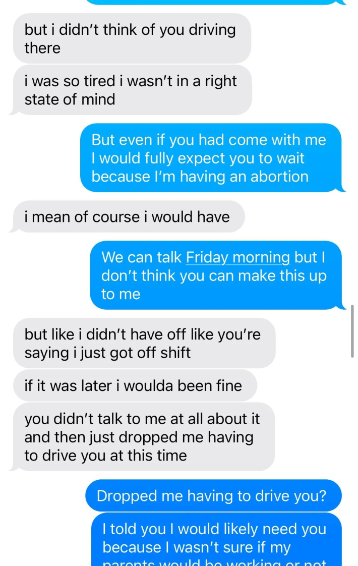 Text messages between a woman and her boyfriend about an abortion appointment.