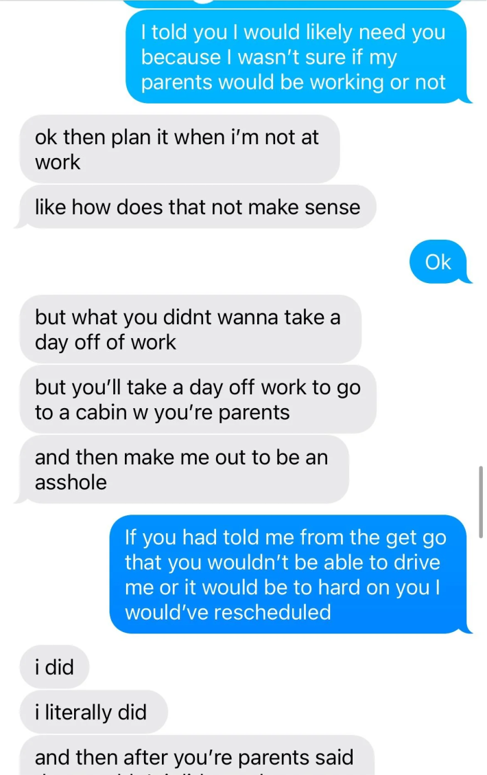 Text messages between a woman and her boyfriend about an abortion appointment.