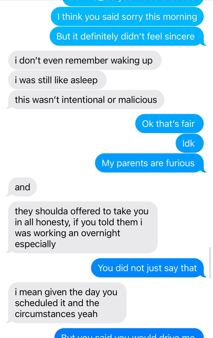 Text messages between a woman and her boyfriend about an abortion appointment.