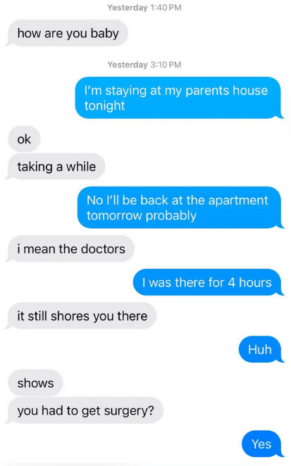 Text messages between a woman and her boyfriend about an abortion appointment.