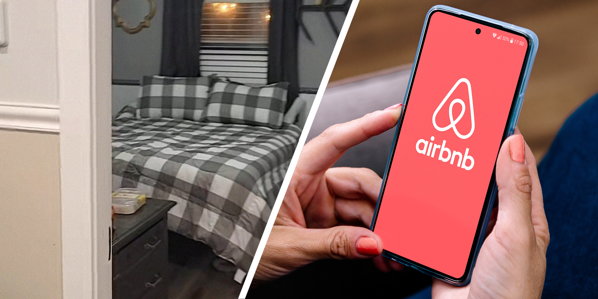 Airbnb Bedroom(l) Airbnb logo on phone display(r)