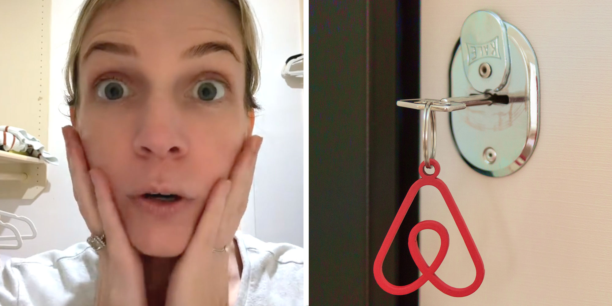 Screenshot of Tiktok user @sarahsendsherlove; A photo of a key in a door lock with an AirBnb logo keychain.
