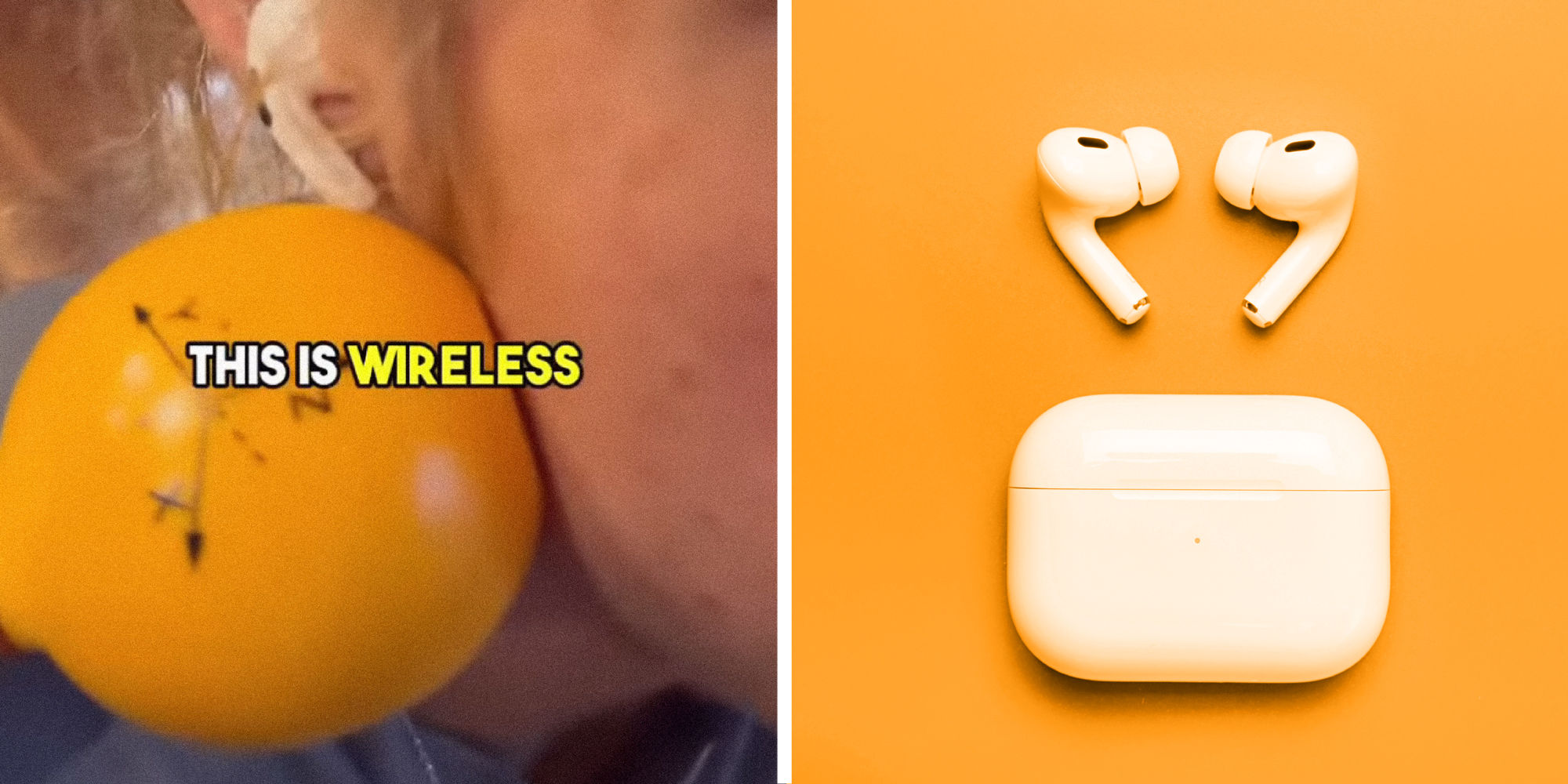 2 panel image: on the left a person is monitored and on the right a set of Apple airpod earphones.