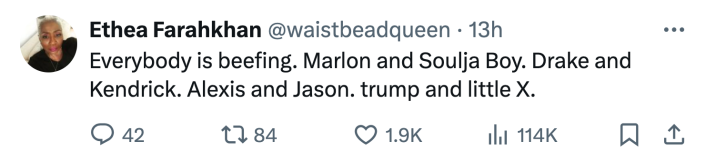 Reaction to Alexis Ohanian's clapback, text reads, "Everybody is beefing. Marlon and Soulja Boy. Drake and Kendrick. Alexis and Jason. trump and little X."