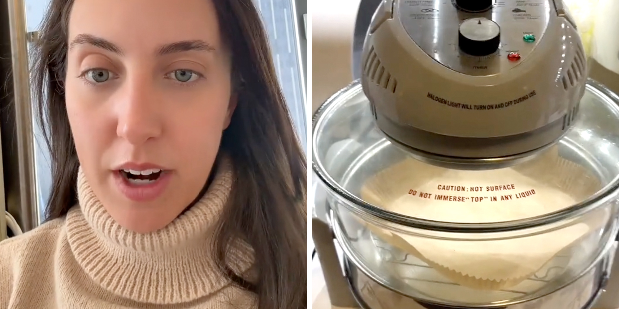 Woman talking(l), all glass air fryer(r)