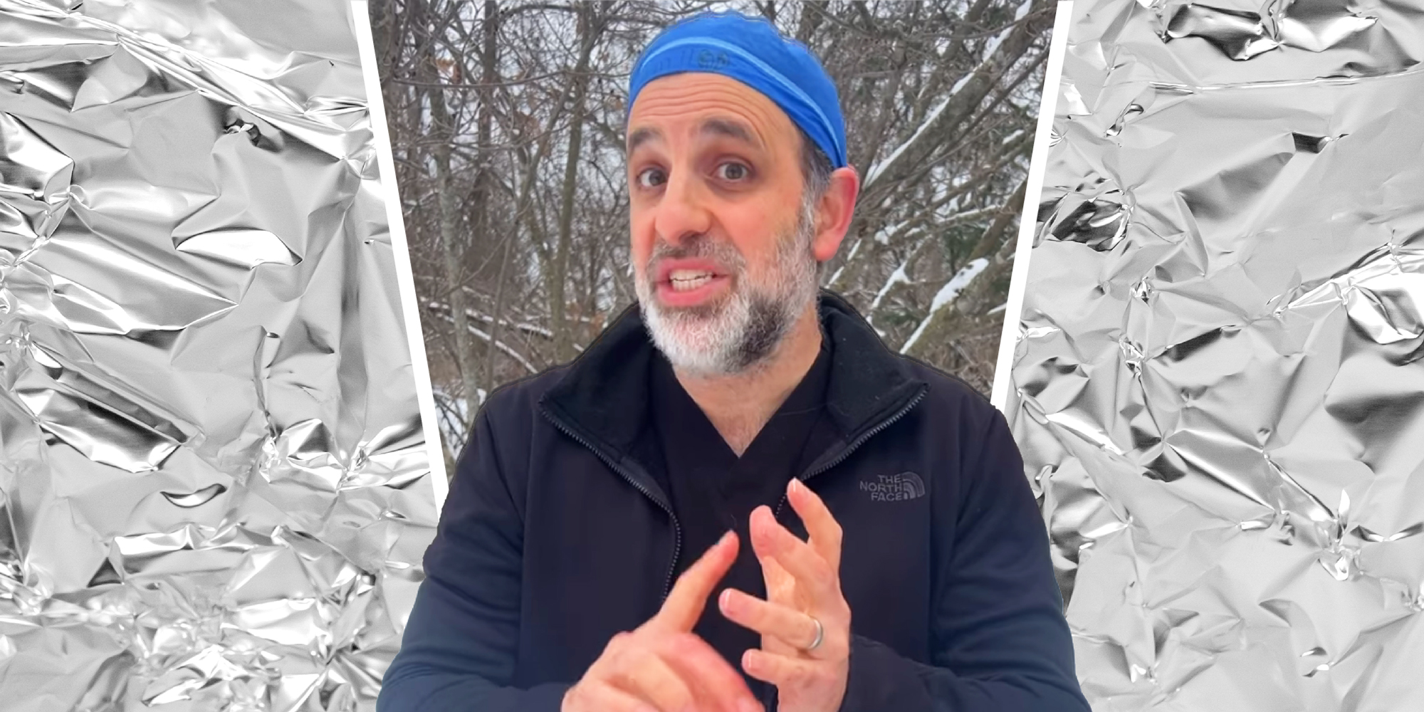 3 panel image: a person explains with aluminum foil on either side.