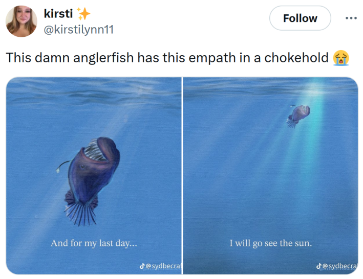 Tweet reading "This damn anglerfish has this empath in a chokehold."