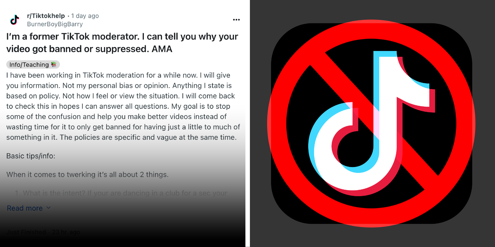 2 panel image: on the left is a post from a Reddit user and on the right is the Tiktok logo with a banned symbol over it.