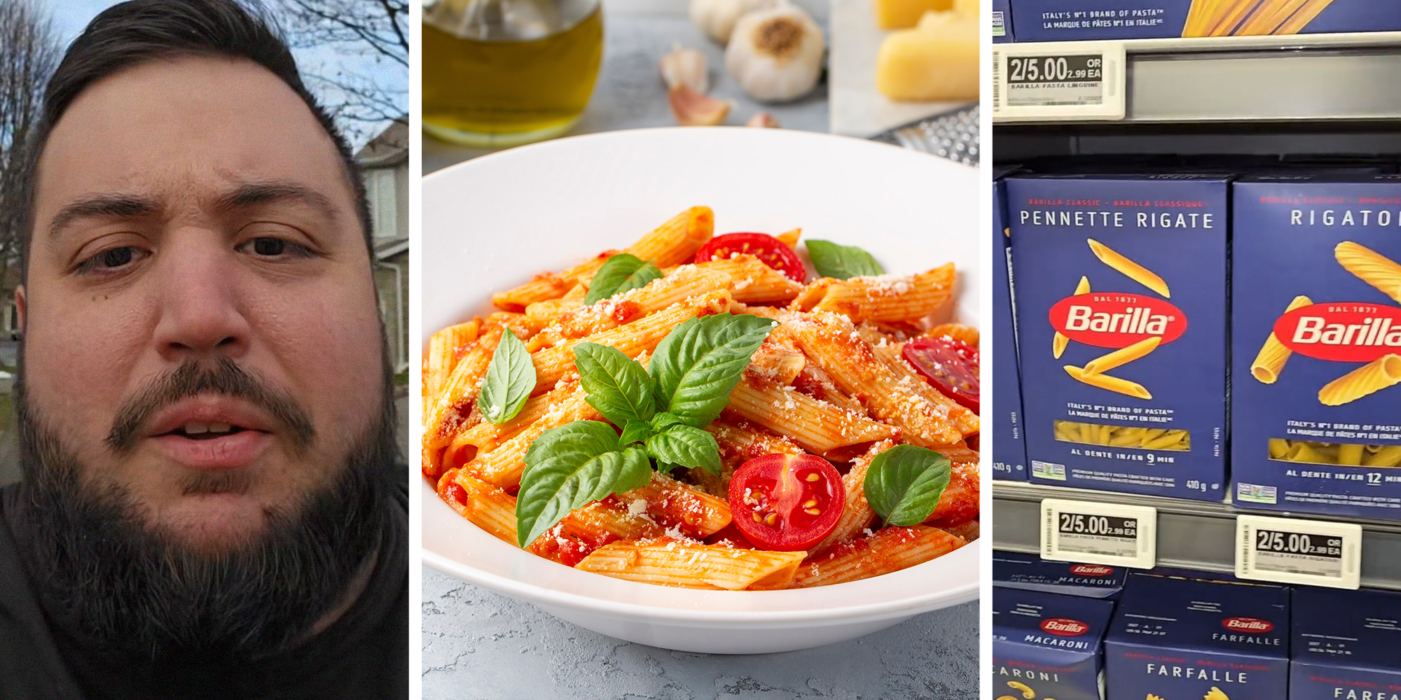 man shares why not to buy barilla pasta(l) Classic italian pasta penne alla arrabiata with basil and freshly grated parmesan cheese on dark table(c) Boxes of Barilla Pasta on product page(r)