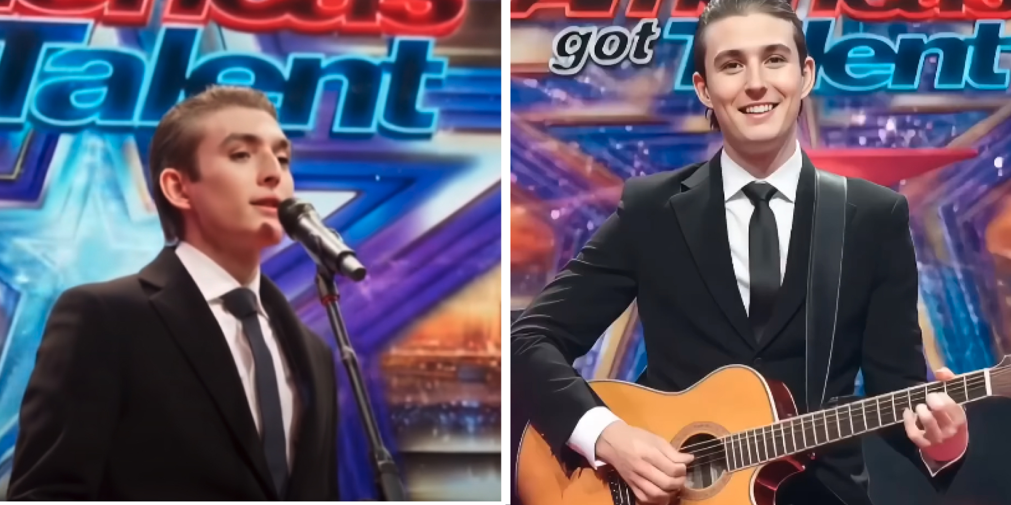 2 panel image: on the left an AI generated screenshot of Barron Trump singing into a microphone. On the right an AI generated screenshot of Barron Trump smiling and playing the guitar