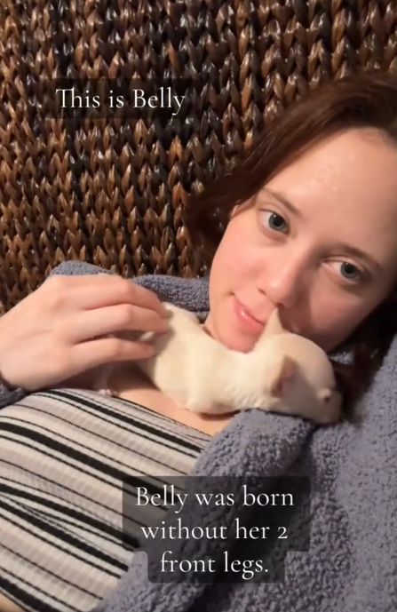 TikTok video with a tiny dog on a woman's chest and a caption reading "This is Belly. Belly was born without her 2 front legs."