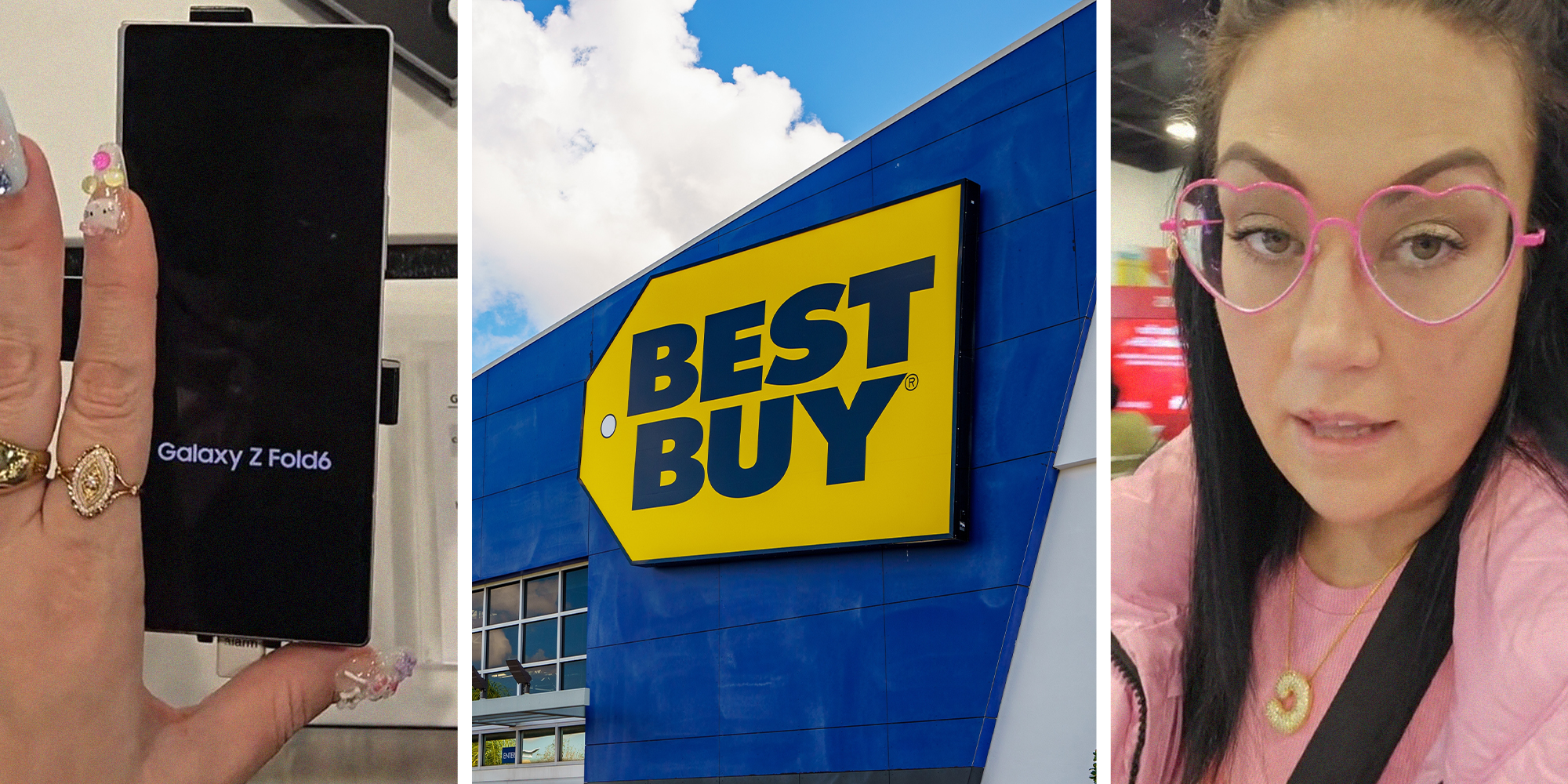 Galaxy Z Fold 6 on Display(l) Best Buy Store Logo(c) woman wearing heart shaped glasses(r)