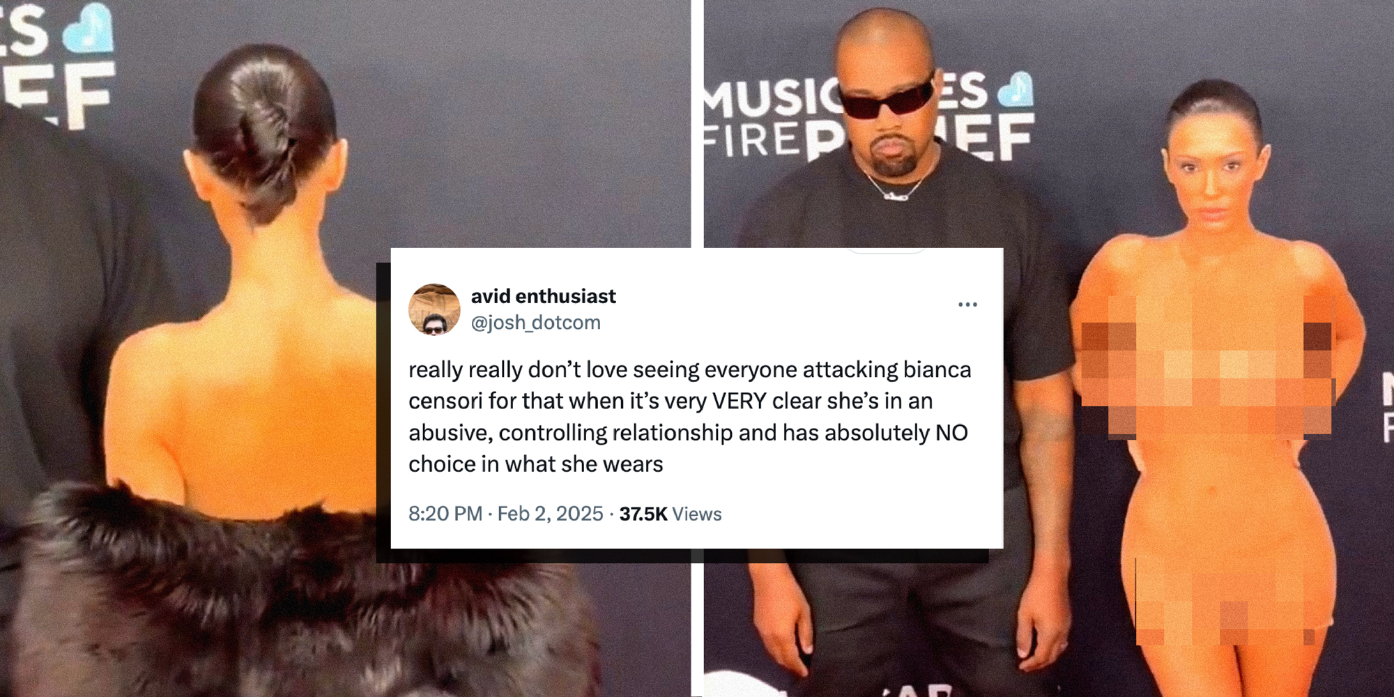 two panel image showing Bianca Censori and Kanye West on the red carpet at the 2025 Grammy Awards.