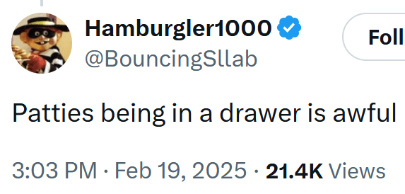 Tweet reading "Patties being in a drawer is awful."