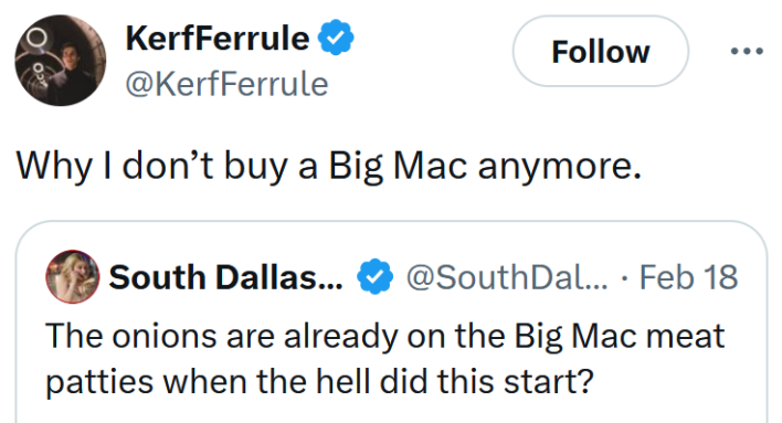 Quote tweet reading "Why I don’t buy a Big Mac anymore."