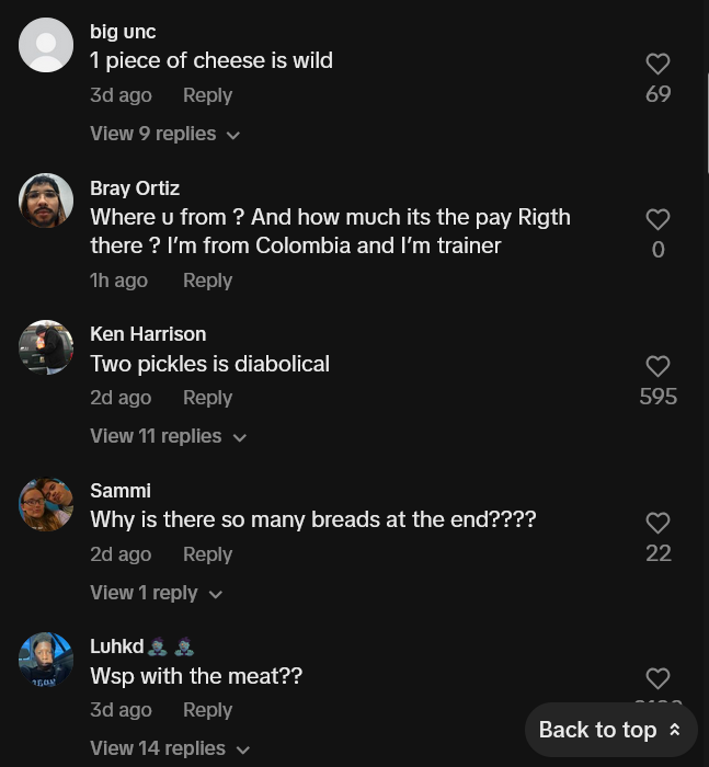 TikTok comments including one reading "1 piece of cheese is wild."