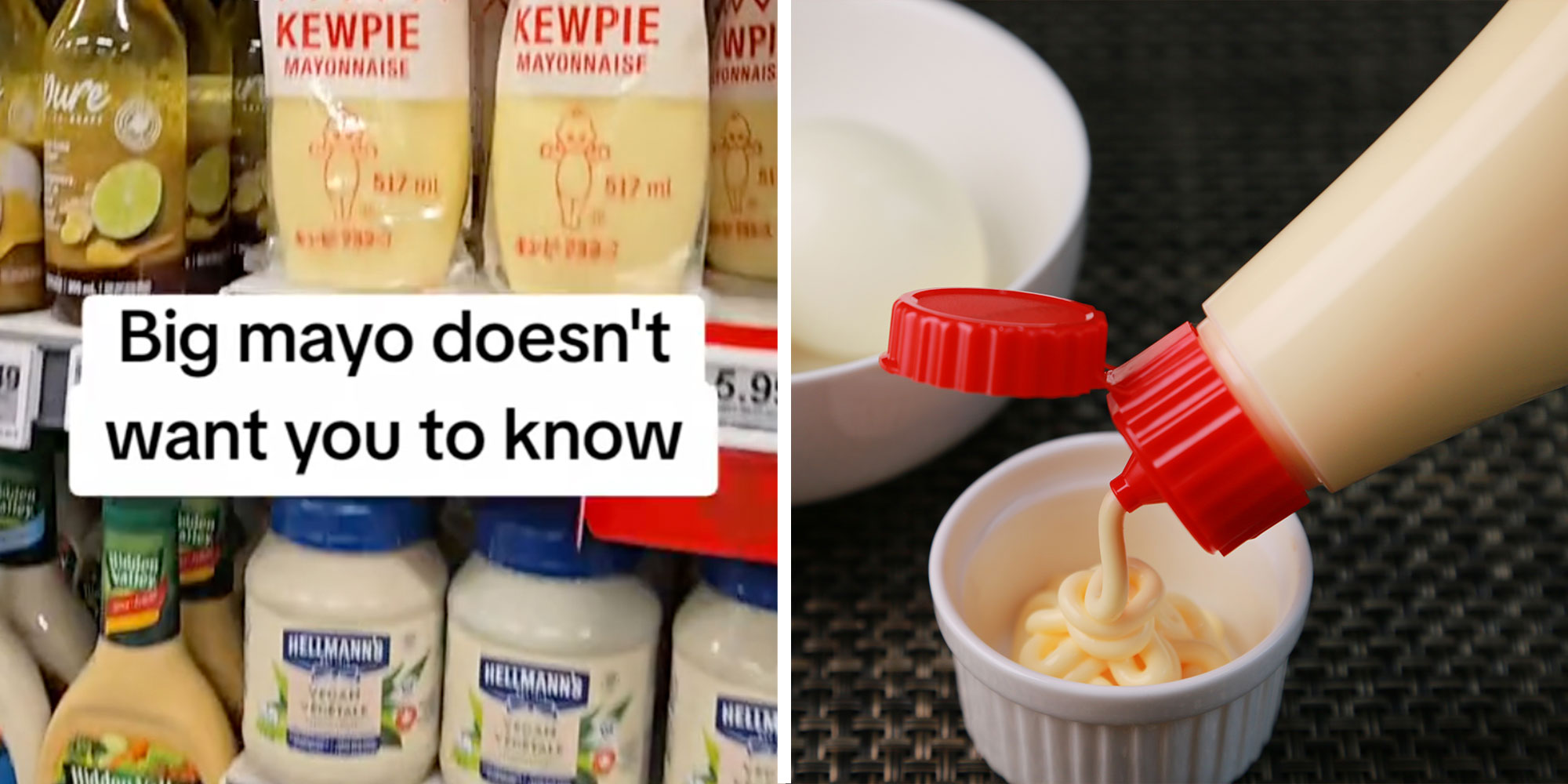 Screenshot from @steelpan.guy of a Mayonnaise grocery shelf with the caption "Big mayo doesn't want you to know"; Photo of a bottle of Mayonnaise being squeezed into a ramekin