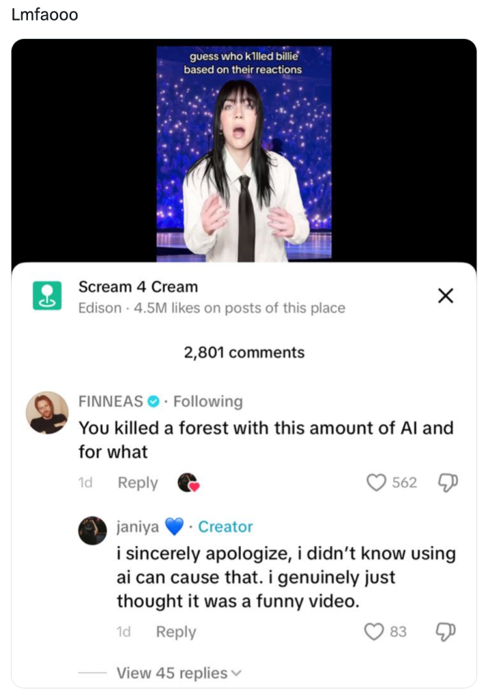 Screenshot of Finneas and the AI TikToker's exchange about using AI being bad for the environment.