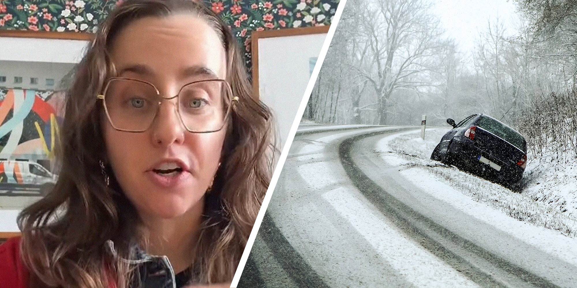 woman shares the dangers of black ice(l) Abandoned car during snow storm in the ditch after the traffic accident(r)