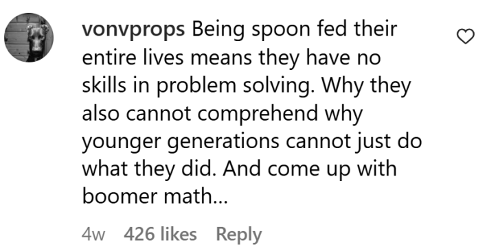 Boomer panic comment, text reads, "Being spoon fed their entire lives means they have no skills in problem solving. Why they also cannot comprehend why younger generations cannot just do what they did. And come up with boomer math…"